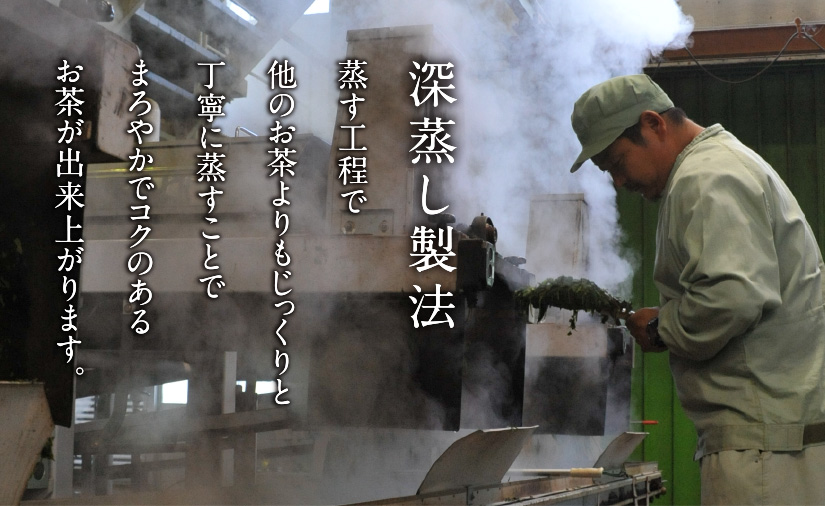 深蒸し製法 蒸す工程で他のお茶よりもじっくりと丁寧に蒸すことでまろやかでコクのあるお茶が出来上がります。