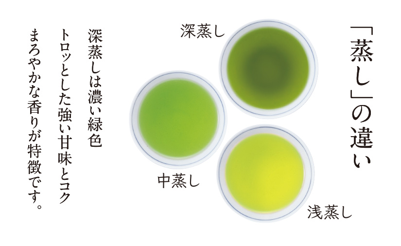 「蒸しの違い」深蒸しは濃い緑色。トロッとした強い甘味とコクまろやかな香りが特徴です。
